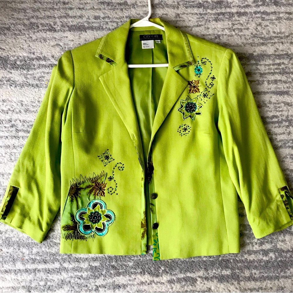 VINTAGE NANCY BOLEN CITY GIRL LONG SLEEVED 100%SILK FULLY LINED ORNATE BLAZER
